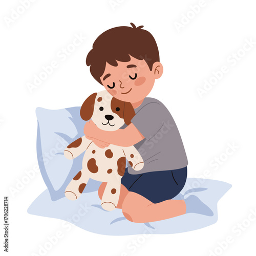 Boy embracing stuffed dog on bed, flat vector illustration, childhood comfort and attachment, white background,