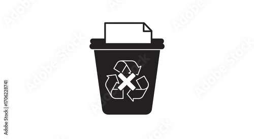 Black and white recycling bin with paper icon on white background