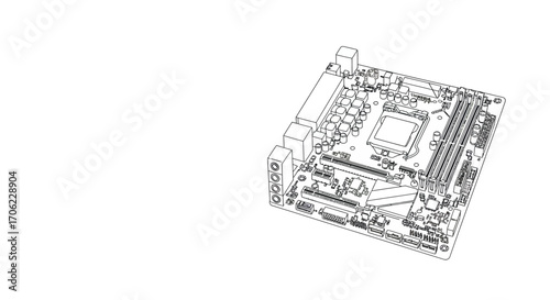 Black and white linear motherboard design with circuit components