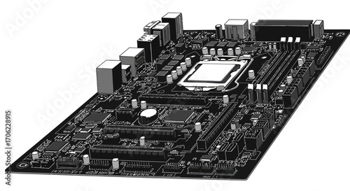 Monochrome motherboard design highlighting electronic components and circuitry