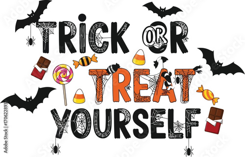Trick or treat yourself halloween design with bats spiders and candy treats