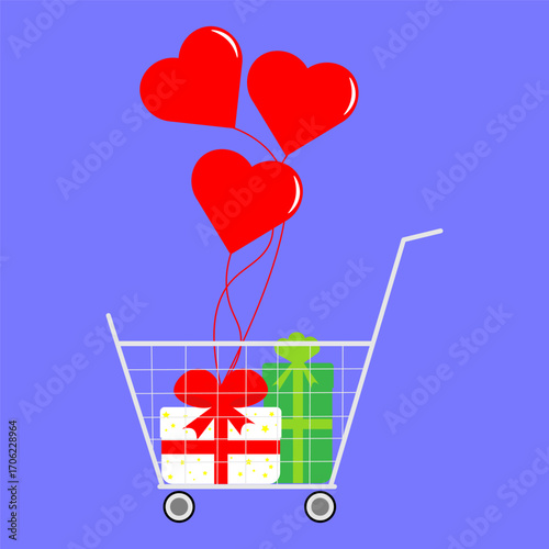 Red heart-shaped balloons are flying over a shopping cart with gifts. Valentine's Day concept for March 8 Christmas.
