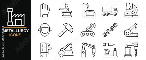 Outline style metallurgy icons set with construction, steel, and fabrication elements