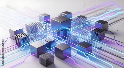 Abstract visualization of interconnected digital cubes and glowing data streams, representing advanced technology and network connections.