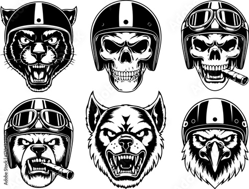 "Skulls and Fierce Animal Heads with Helmets and Cigars"