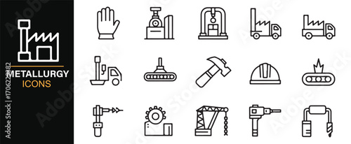 Editable stroke metallurgy icons set with factory, hammer, welding, and robotic arms