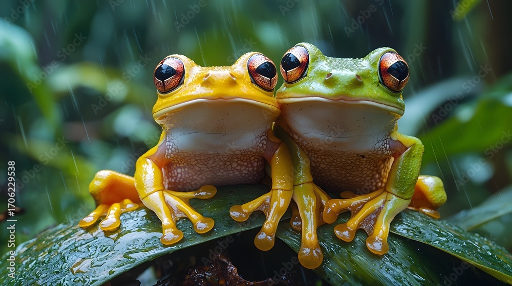 Two colorful tree frogs one yellow and one green sit closely together on a wet leaf during a rain shower in a lush rainforest Two colorful tree frogs one yellow and one green sit closely together on a wet leaf during a rain shower in a lush rainforest