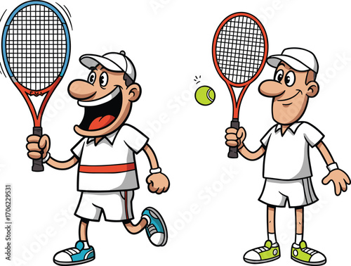 Funny Cartoon Male Tennis Players Vector Illustration Holding Rackets and Smiling, Sports Characters Isolated on White Background for Design
