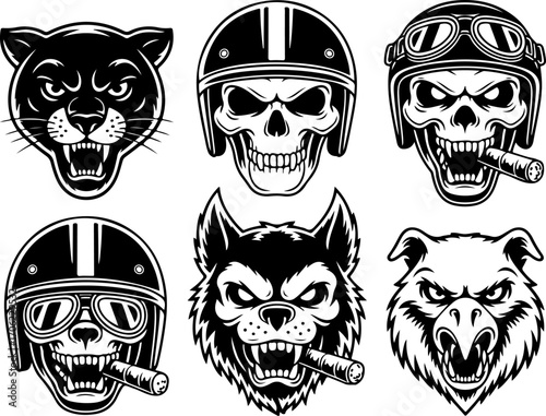 "Skulls and Fierce Animal Heads with Helmets and Cigars"