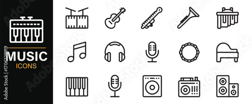 Musical instruments icon pack including tambourine, microphone, and amplifier