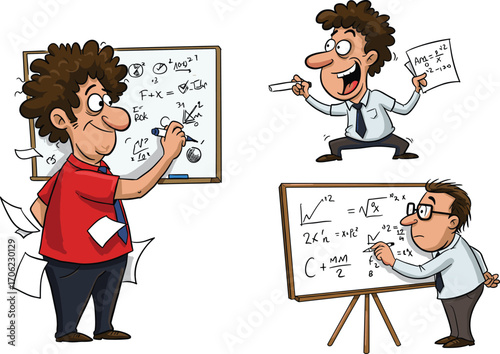 Funny cartoon scientists solving math equations on whiteboards, humorous illustration of mathematicians and physicists teaching complex formulas and calculations