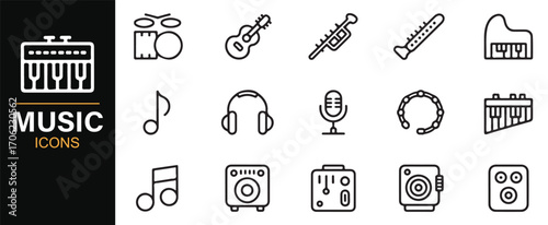 Outline music icon collection with instruments, microphone, speaker, and notes