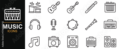 Editable stroke music icons set with piano, guitar, drums, saxophone, and tambourine