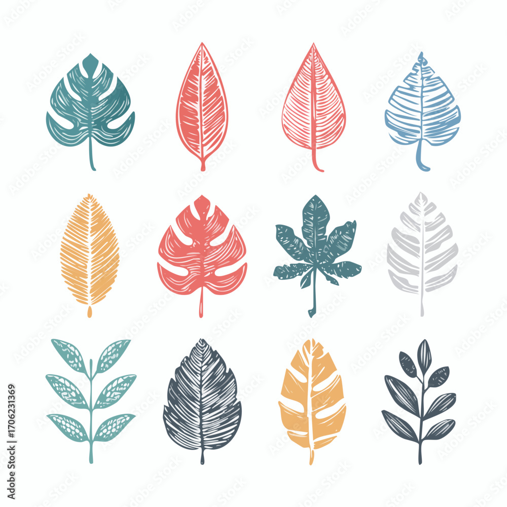 Fototapeta premium Chalk-style, Hand-drawn, Doodle Leaves A Decorative Collection of Botanical Illustrations