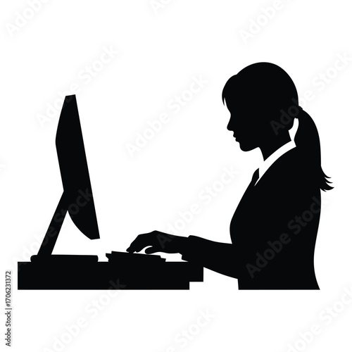 Silhouette of a woman working on a computer typing at a desk silhouette silhouette