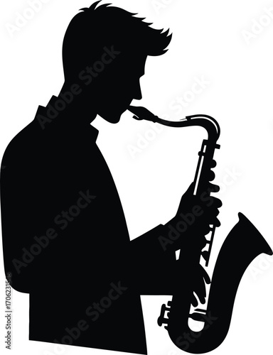 Silhouette of a young male musician playing the saxophone in a minimal style