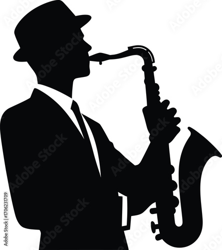 Silhouette of a jazz musician playing a saxophone, abstract black and white art