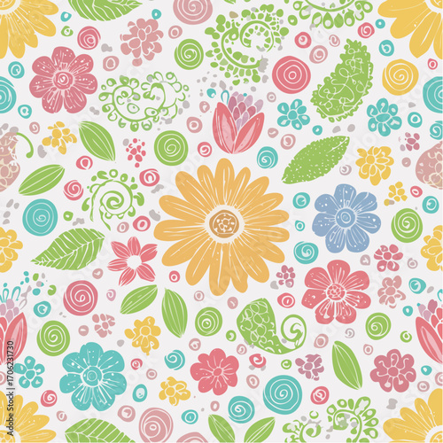 Chalk-Style Floral Fantasy A Hand-Drawn Doodle Pattern with Colorful Blooms and Swirls