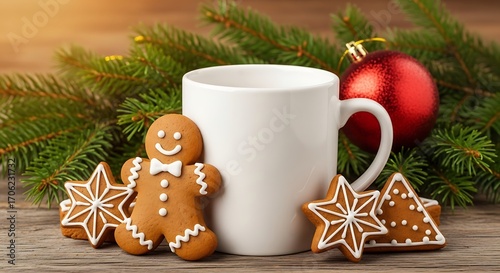 Christmas gingerbread cookies and a mug with festive decorations