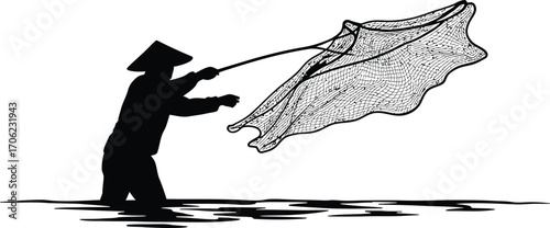 Silhouette of a person in a conical hat catching a net on a white background