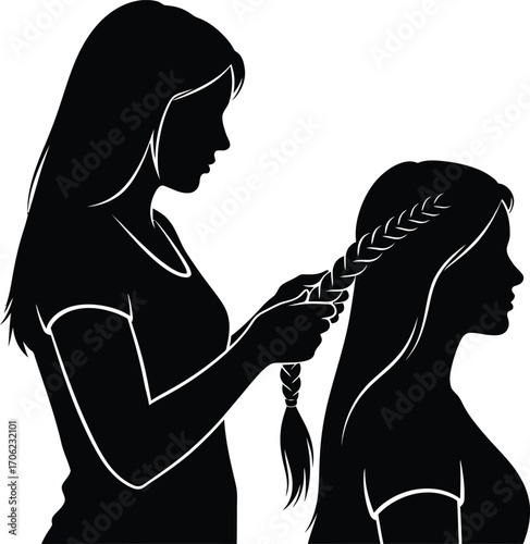 Silhouette vector of a woman braiding another's hair, isolated on a white background