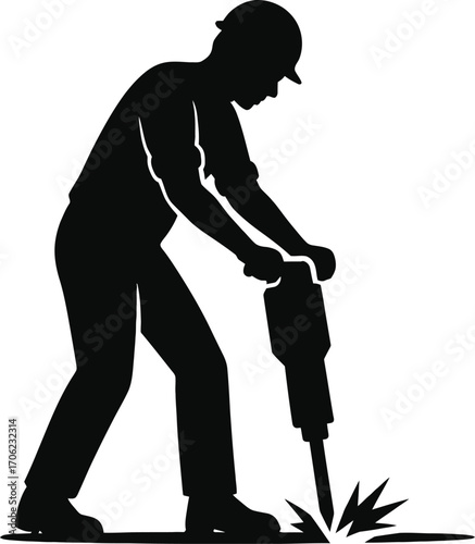 Construction worker silhouette using a jackhammer, drilling into concrete or rock surface