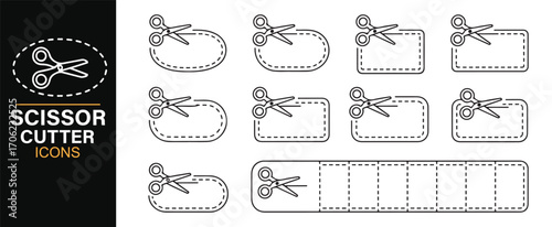 Retail coupon and promotion icons with scissors and dashed borders in line art