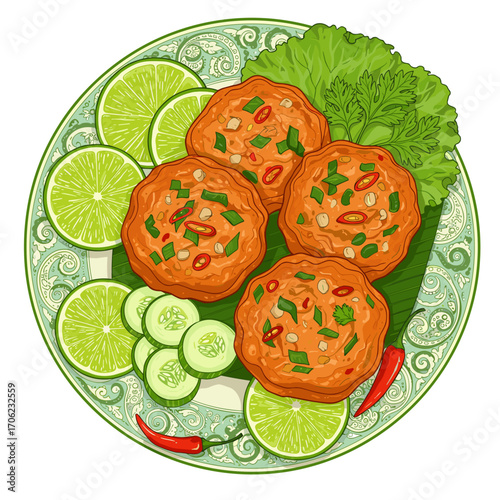 Thai fish cakes with cucumber relish in decorative Thai-style vector composition, stylized with paisley lime wedges and flame chili flourishes, against white background