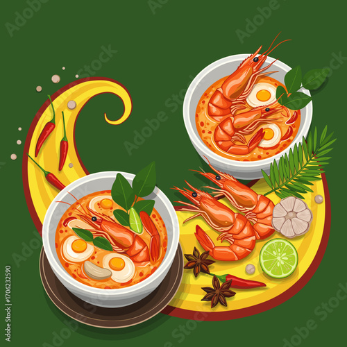 Tom yum soup with shrimp in decorative Thai-style vector illustration with curved rhythmic composition, tropical elements and bold spice colors