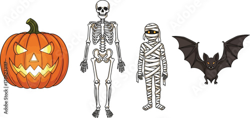 Halloween pumpkin skeleton mummy and bat on a white background illustration