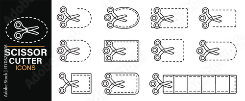 Scissor coupon icons set including voucher labels, price tags, and perforated cutouts