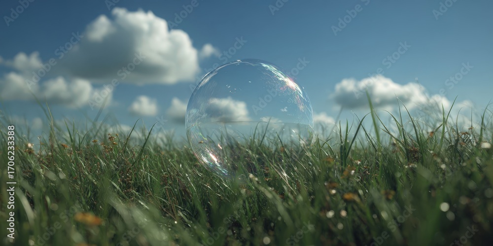 Naklejka premium Single Soap Bubble Floating Over a Natural Field Scene