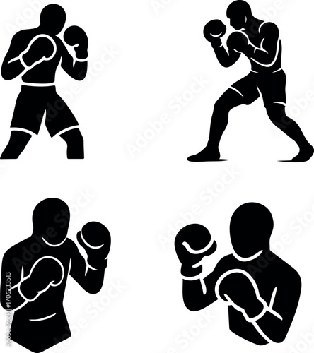 Vector four black silhouette illustrations of boxers in various stances wearing boxing gloves