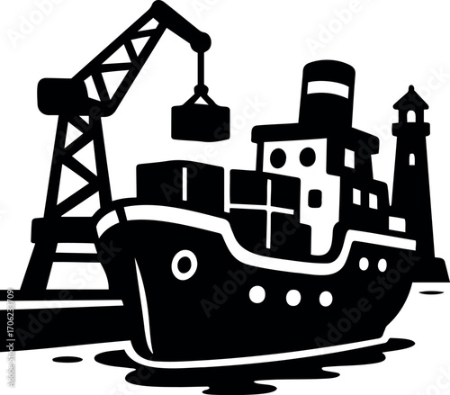 Vector illustration of a cargo ship being loaded by a crane at a port with a lighthouse