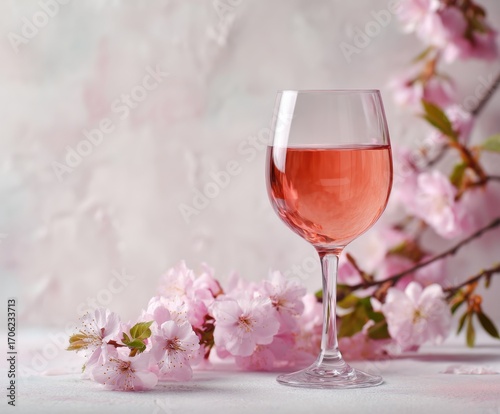 Rose wine glass against white wall with spring cherry flowers.