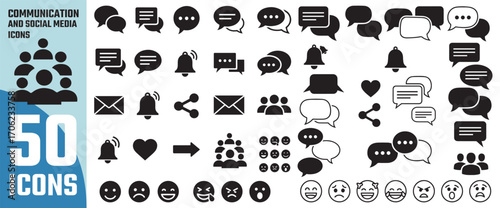 Collection of 50 communication and social media icons representing messages chat bubbles people and emotions for digital design