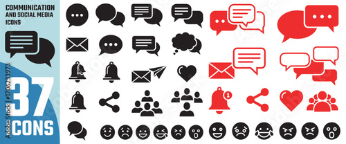 Collection of 37 vector icons representing communication social media chat messages notifications and emotions for digital design