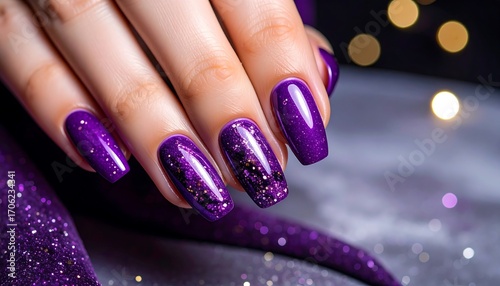 Close-up of manicured nails with purple glitter design