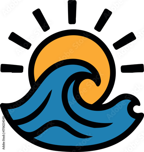 Vector illustration of a stylized blue wave with black outlines and a yellow sun above it