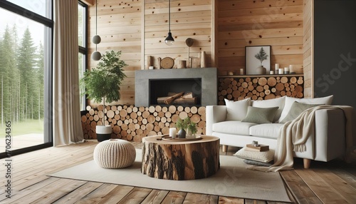 Cozy rustic living room with fireplace, wood accents, and large windows overlooking a forest