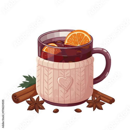Hot spiced drink in cozy mug with orange slices and spices, vector illustration on transparent background