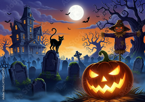 Moonlit Halloween Night Scene with Haunted House, Jack-o'-Lantern, Black Cat, Scarecrow, and Spooky Graveyard