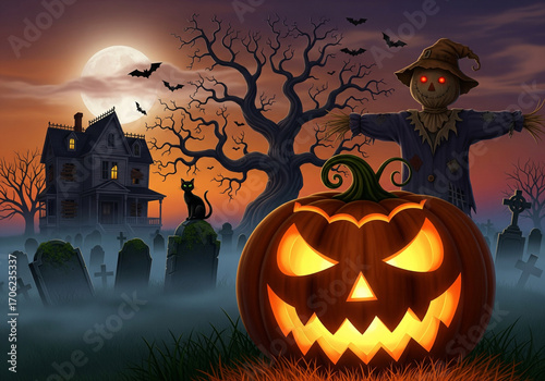 Eerie Halloween Night: Jack-o'-lantern, Haunted House, Graveyard, Black Cat & Scarecrow under Full Moon