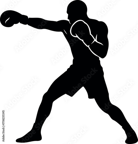 Vector silhouette of a boxer throwing a punch with gloves on a transparent background in a dynamic pose
