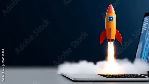 Rocket launching from laptop screen. Future, technology, digital