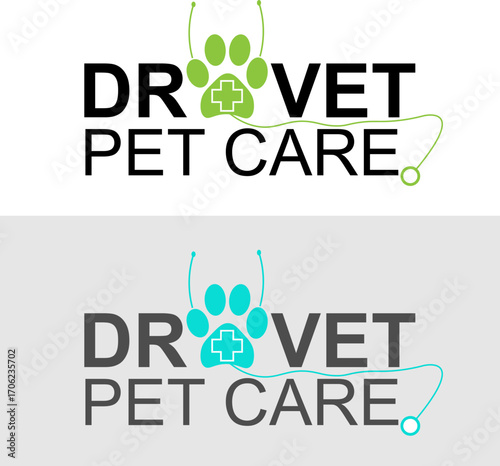 Vet doctor clinic veterinary animal and pet care hospital with paw and stethoscope vector logo 