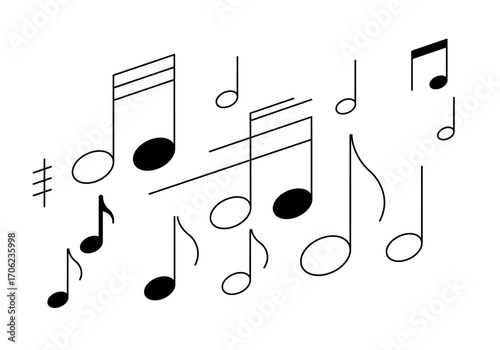 A collection of various musical notes and symbols scattered across a white background