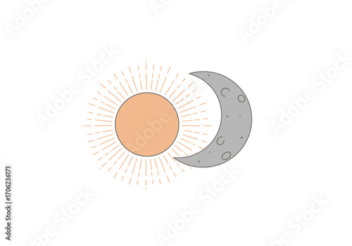 A stylized illustration features a tan sun emitting rays and a crescent moon with celestial markings