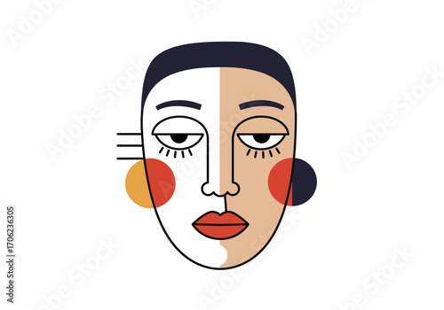 Abstract face with minimalist design featuring geometric shapes and contrasting colors on a white background