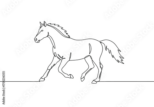 Black line drawing of a running horse against a white background